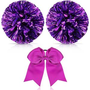 Hanaive 3 Pcs Cheerleading Pom Poms and Large Cheerleader Hair Bow Metallic Cheer Supplies for Team Spirit Sports Dance Cheering