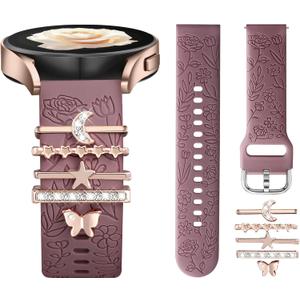 DaQin Flower Engraved Band Compatible with Samsung Galaxy Watch 7 Band/FE 6 5 4 40mm 44mm,Galaxy Active 2, 20mm Watch Band Soft Silicone Replacement Strap with Decorative Charms Accessories Women