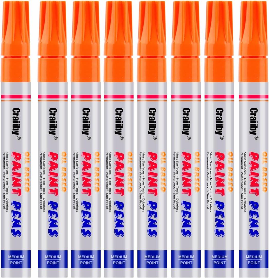 Orange Paint Markers, 8 Pack Oil-Based Waterproof Quick Dry Permanent Paint Pen Set for Rocks Painting, Wood, Fabric, Plastic, Canvas, Glass, Mugs, Metal, Tire, Stone, DIY Craft