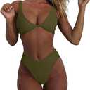 geluboao Bikini Set for Women Solid V Neck Knot Front Push Up High Leg Thong Two Piece Swimsuit (Small, Army Green)