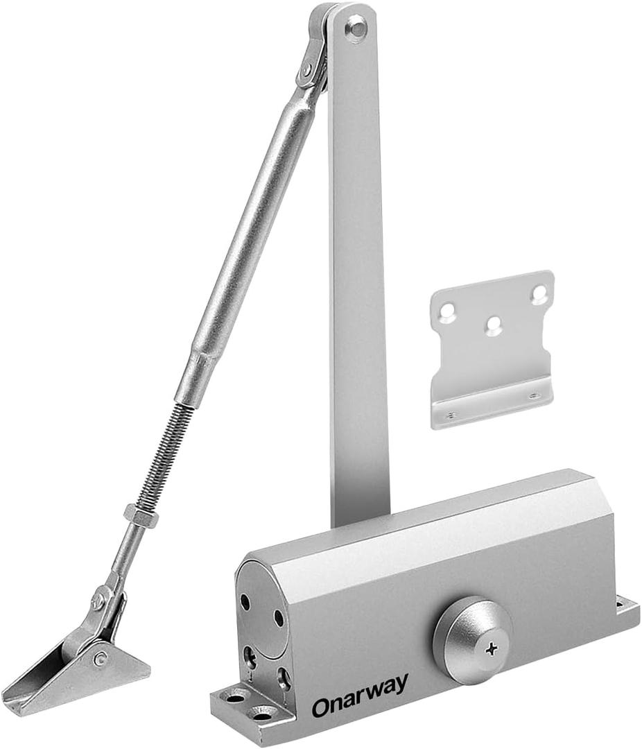 Onarway Automatic Door Closer Size-3: Hydraulic Slam-Free Soft Close, Adjustable Closing Speed, Quiet & Safe for Residential Home, Light Commercial & Office (95128 lbs), Silver, Easy Install