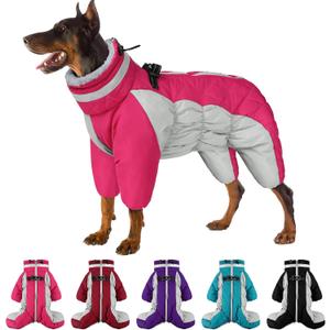 SUNFURA Four Legged Dog Coat - Warm Fleece Winter Coat, Reflective Turtleneck Dog Jacket with Harness, Windproof Full Body Pet Snowsuit Puffer Jackets for Small Medium Large Breeds, Hot Pink S