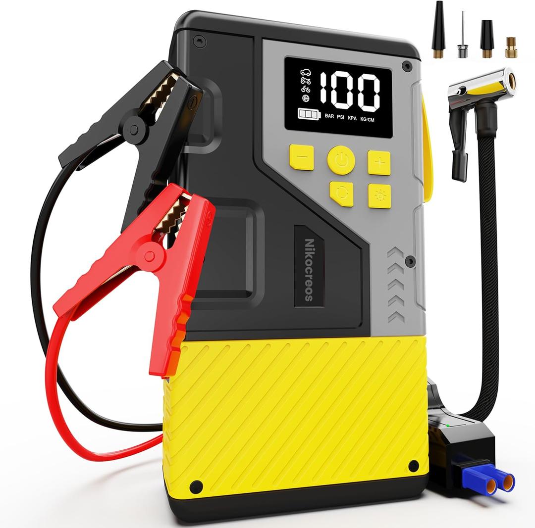 Portable Car Jump Starter with Air Compressor for Emergencies,3000A Peak and 150 PSI Max,for 12L Gas & 10L Diesel Engines,LCD Display,LED Light (Yellow)