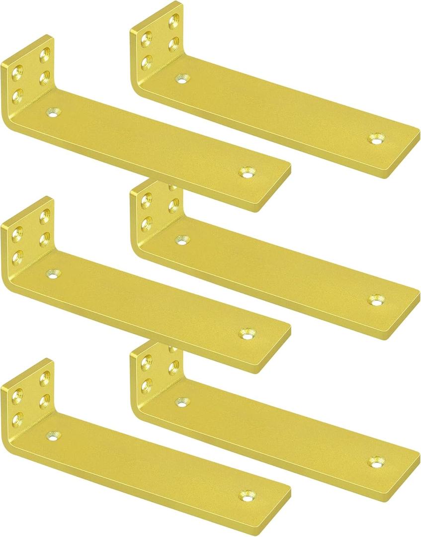 Gold Floating Shelf Brackets 8 inch, Heavy Duty Wall Shelf Bracket 6 Pack for Shelves Support, Hidden Metal L Brackets with Mounting Hardware (1/5'' Thick)
