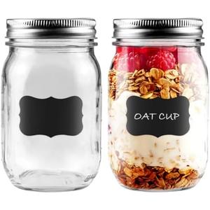 Showvigor 2-Pack 16oz Mason Jars with Labels - Regular Mouth Glass Jars with Airtight Lids & 2 Write-On Labels - for Canning, Overnight Oats, Meal Prep, Jam, Salad Dressing