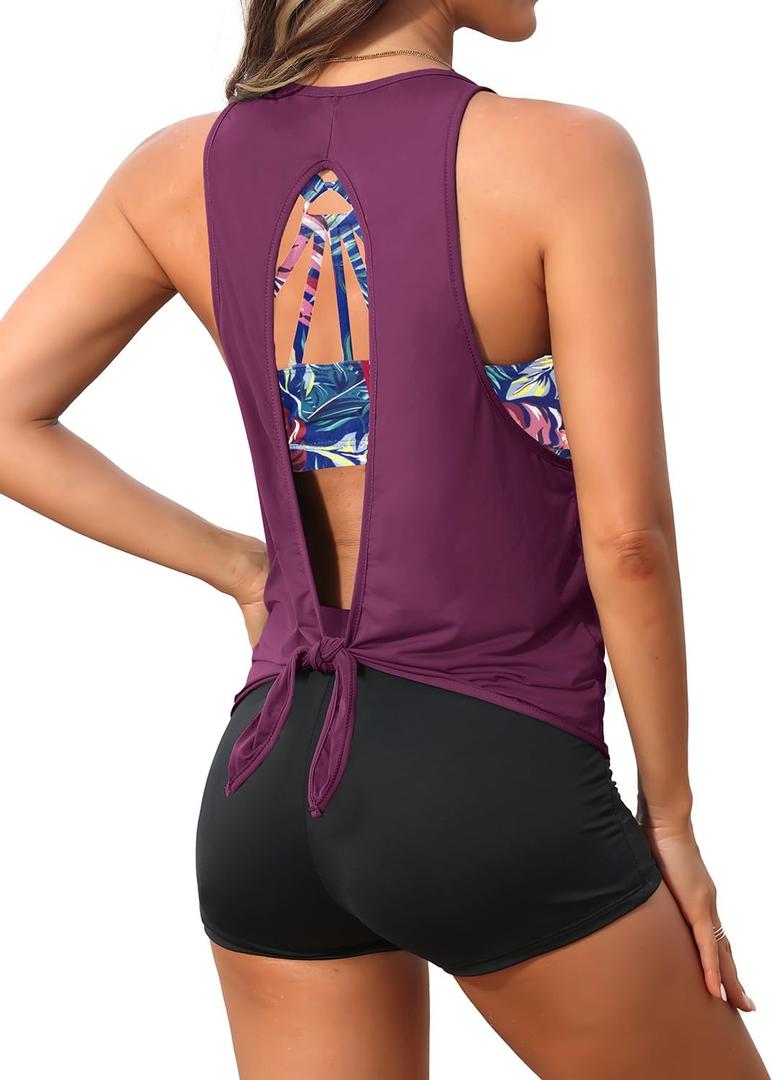 Aqua Eve 3 Piece Tankini Swimsuit for Women Tank Bathing Suit with Shorts Open Back Athletic Swimwear (Large, Purple Leaves)