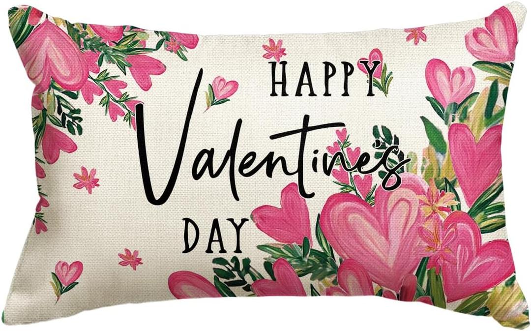 AVOIN colorlife Happy Valentine's Day Love Heart Pink Flowers Throw Pillow Cover, 12 x 20 Inch Green Leaves Anniversary Wedding Cushion Case Decoration for Sofa Couch