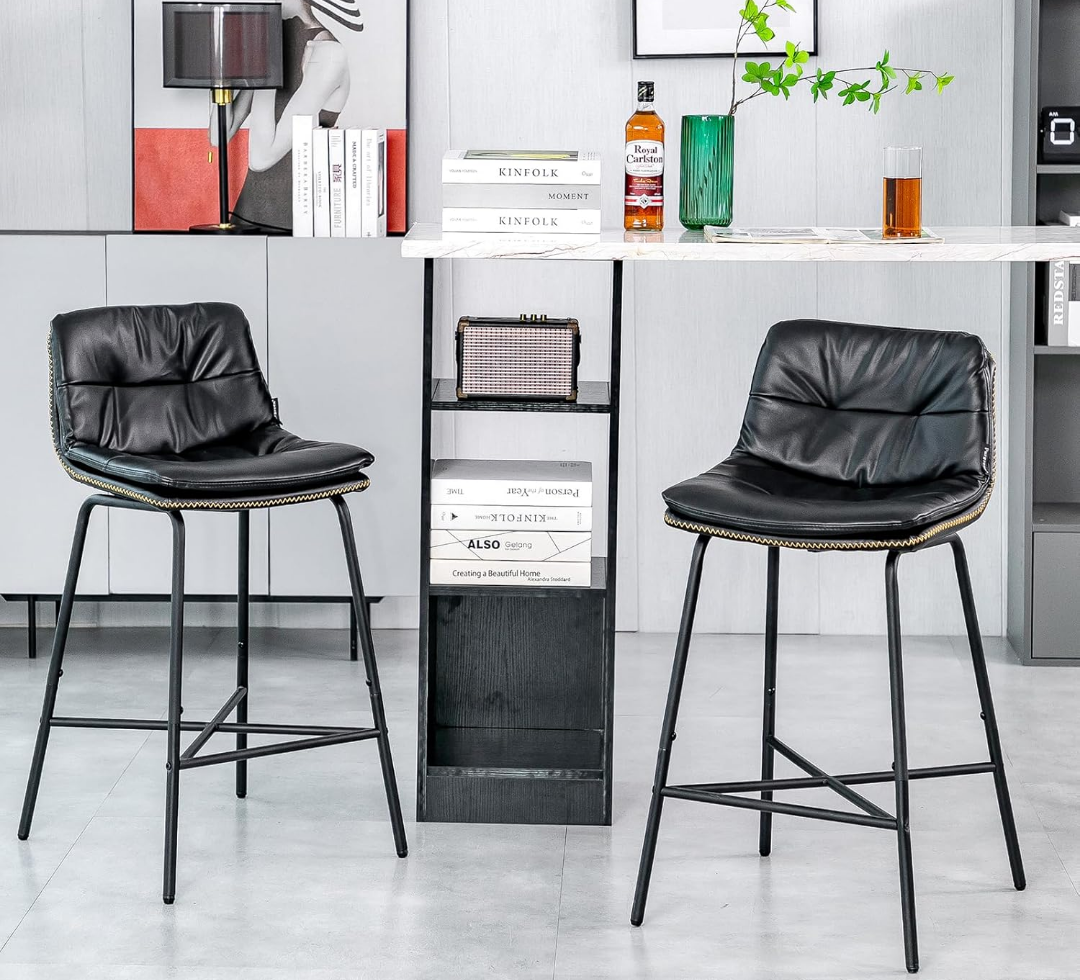 Modern 24 Inch Leather Counter Stools Set of 2 Mid Century Modern Bar Stools Upholstered Counter Height Stool Kitchen Island Chairs with Back Armless Dining Room Chairs for House Rustic Pub Black