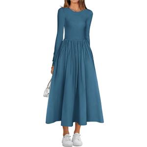 BTFBM Casual Long Sleeve Dresses Spring Dresses 2025 Wedding Guest Dress Midi Dress Flowy Bohemian Long Dress (Blue, Medium)