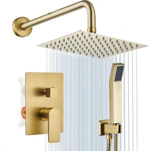 Shower Faucet Set Brushed Gold Shower System Knob Switch Diverter with High Pressure Handheld Spray Wall Mount 8 Inch Shower Head