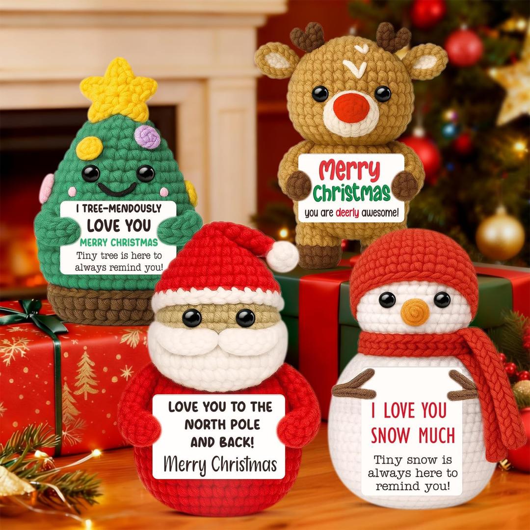 Funny Handmade Crochet Christmas Decorations,Cute Christmas Tree Santa Claus Snowman Deer Ornaments Decor with Card,Best White Elephant Gifts for Adult Kids,Unique Stocking Stuffers Idea for Women Men