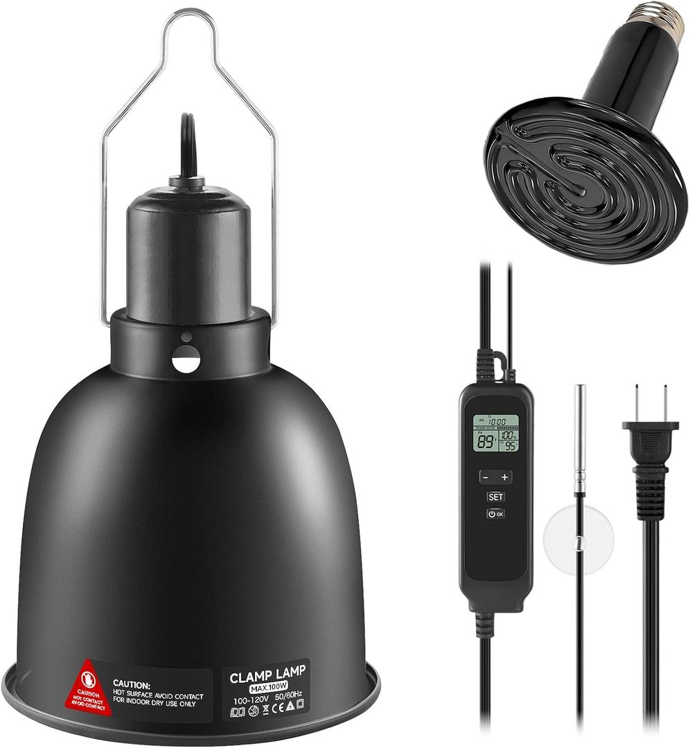 5.5 inch Reptile Heat Lamp Fixture with Thermostat and Timer,Reptile Light Fixture with 100W Ceramic Heat Emitter, PID Temperature Controller for UVB Lights, Basking Bulbs and Terrariums