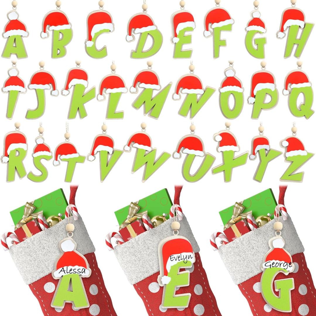 26 Pcs Christmas Stocking Name Tags Letter Cutout Initial Ornaments Personalized Lime Green DIY Craft Hanging Name Tags Double Layer Wooden with Wood Beads for Christmas Rustic Decor