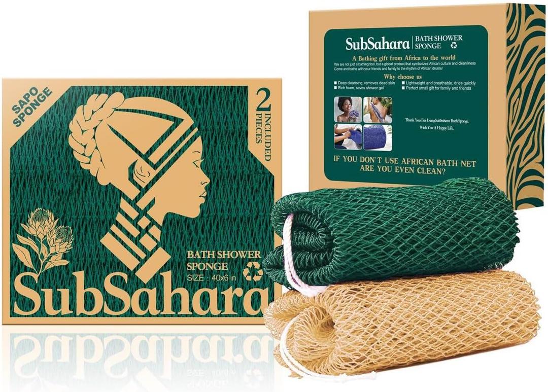 SubSahara Authentic African Net Sponge - 2 Pack Exfoliating Bath & Shower Loofah Sponge for Body & Face, Gentle Scrubber for All Skin Types, Travel, Durable (Golden & Forest Green)