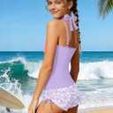 Girls Swimsuit 2 Piece Halterneck Girls Tankini Swimsuit Drawstring Printed Swim Shorts Girl Bathing Suit for 7-18T (Purple)