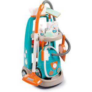 Smoby Cleaning Trolley - Toy Vacuum Cleaner with Realistic Lights & Suction Sounds - Toddler Broom, Mop, Brush, Dustpan, Toy Empty Packaging, Kids Real Cleaner Pretend Play Set, Age 3+