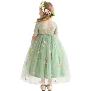 DeeFant Flower Girl Lace Back V-Neck Dress Full-Length Floral Embroidered Toddler Tutu Tulle Dresses for Girls 2-3Y