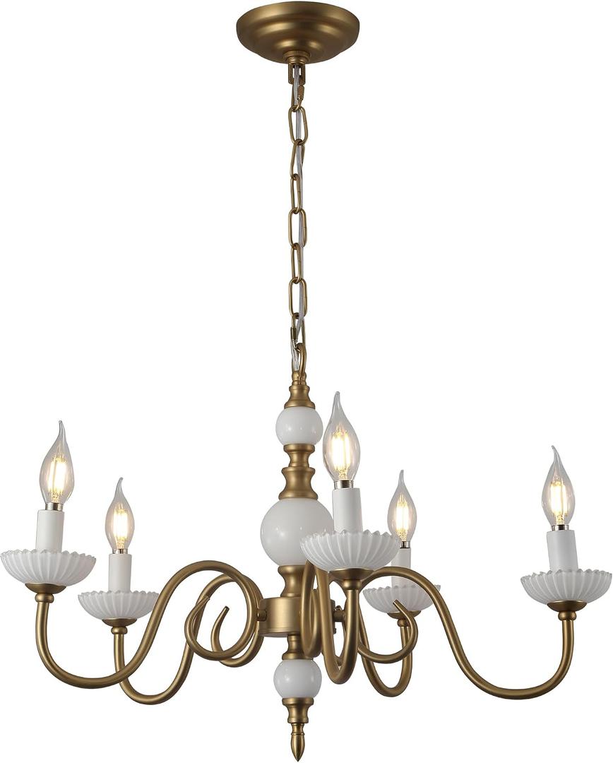 5-Light Gold Dining Room Chandelier,25.5" Wide,Mid Century Modern
for Living, Kitchen, Entryway, Brushed Brass Finish, Compatible Dimmable E12 Bulbs, 47.2" Adjustable Chain,Quick Install