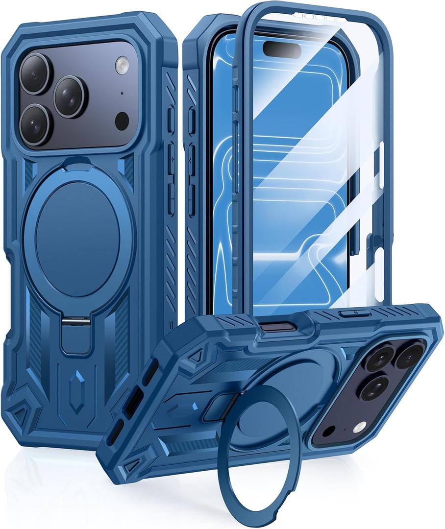 FNTCASE for iPhone 17 Pro-Max Case: Magnetic Phone Cases with [Ring Kickstand] [Built-in Screen Protector] [Heavy Duty Military Grade Protection] Drop Proof Rugged Hard TPU Phone Cover Blue