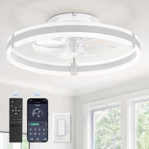 Ceiling Fans with Lights and Remote, 19.7'' Low Profile Ceiling Fan, 3000-6000K Dimmable Modern Flush Mount LED Fan Light, 6 Wind Speeds, White Fandelier Ceiling Fans for Bedroom