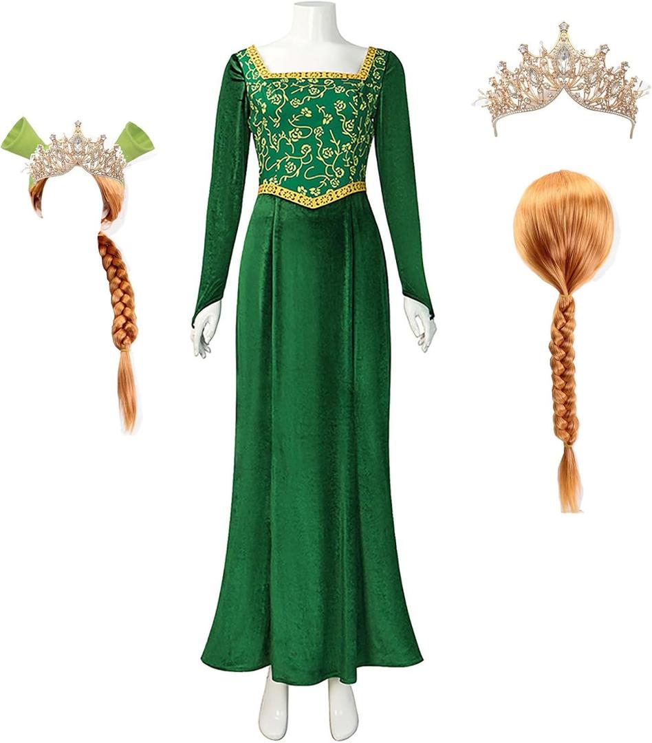Princess Costume Dress Adult Classic Character Green Dress Velvet Long Sleeve Outsuit Kids Wig Halloween (Medium)