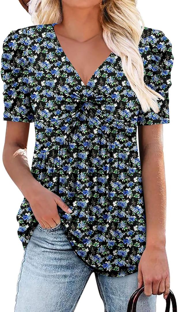 ONLYSHE Women's Summer Floral Shirts Ladies Casual V Neck Tunic Tops Henly Puff Sleeve Blouse for Leggings (XXL)