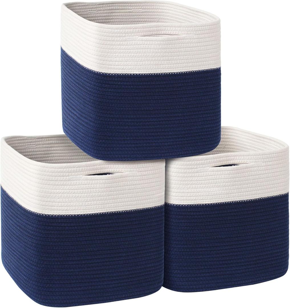 13x13x13 inch Cube Storage Bin, 3-Pack Woven Cotton Rope Baskets for Organizing, 13 inch Storage Cubes for Shelves, Cute Kids Toy Bin for Boys, Baby Nursery Closet Organizer, Blue Room Decor