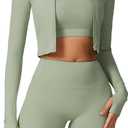 Womens Workout Sets 3 Piece Seamless Shorts Crop Top Long Sleeve Jacket Gym Yoga Outfit Sports Bra Set Running Clothes (Medium, Green)
