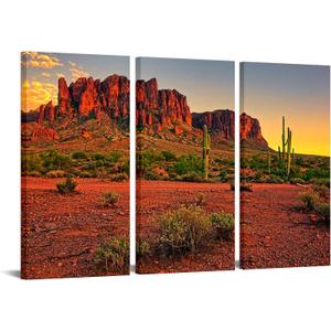 Biuteawal 3 Piece Canvas Print Superstition Mountains Sunset Wall Art Arizona Western Desert Cactus Landscape Picture Canvas Art Print Nature Artwork for Home Wall Decoration Ready to Hang