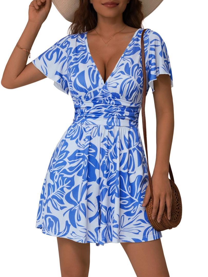 ZABERRY Womens Romper Shorts With Pockets Floral Beach Dress Blue Hawaiian Dress Summer Jumpsuits for Women 2025 (Blue, L)