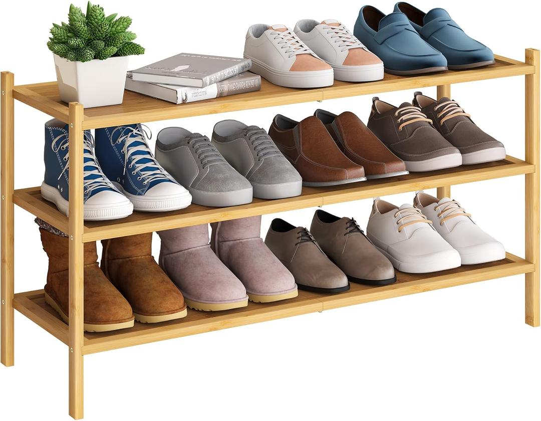BMOSU 3-Tier Bamboo Extended Shoe Rack Premium Stackable Shoe Shelf Storage Organizer for Hallway Closet Living Room Entryway Organizer(Natural)