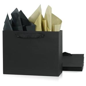 5 Pack Medium Black Gift Bags with Tissue Paper, 10.5"x4"x8.1" Shopping Paper Bags with Ribbon Handles, Perfect for Retail Wrapping, Birthdays, Weddings, Holidays, Parties