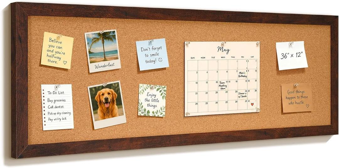 Long Cork Board for Wall, 36" x 12" Bulletin Board, Brown
