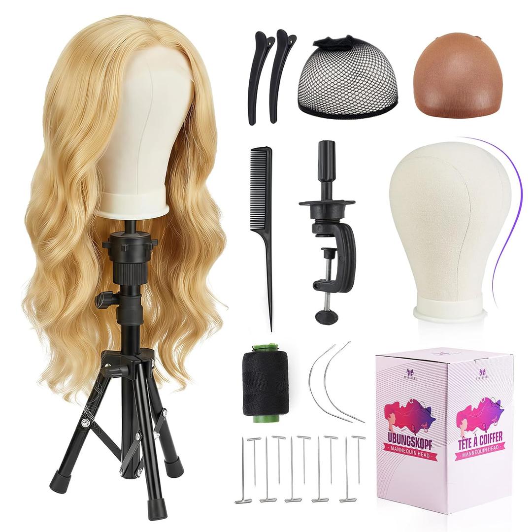 Wig Head Stand 23 Inch, Wig Stand with Head Wig Stand Tripod with Mannequin Head Stand, Wig Head Stand with Canvas Head for Wigs Making Display with Table Clamp, Wig Caps, Pins Set(Wig not included)