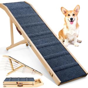 Dog Ramp for Bed, L64 W17 Foldable Pet Ramp for Small Large Dogs Cats, Dog Ramps for High Beds Car, High Traction with Platform 6 Adjustable Heights 24" to 30" Up to 220LBS, Wood