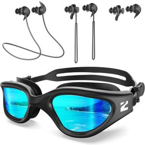ZIONOR G1 Lite Polarized Swimming Goggles with 3 Pairs Earplugs, Anti-Fog UV Protection Swim Goggle for Adult Men Women Youth (A0allblack-gold+e3-bk)