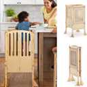 Guidecraft Kitchen Helper Toddler Tower Step Stool - Contemporary - Natural: Folding Adjustable Height Montessori Wooden Learning Furniture with Keepers