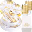 Nervure 175PCS Thanksgiving Plastic Plates - Disposable Fall Dinnerware Set - White and Gold Plates with Maple Leaves Include 50Plates, 75Silverware, 25Cups, 25Napkins for Thanksgiving Party