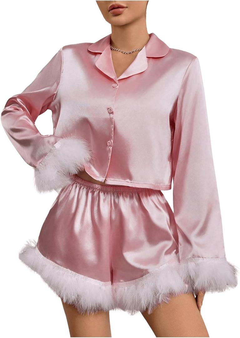 Verdusa Women's 2 Piece Fuzzy Satin Pajama Sets Bridal Pajamas Button Up Shirt with Shorts (Large, Pink)