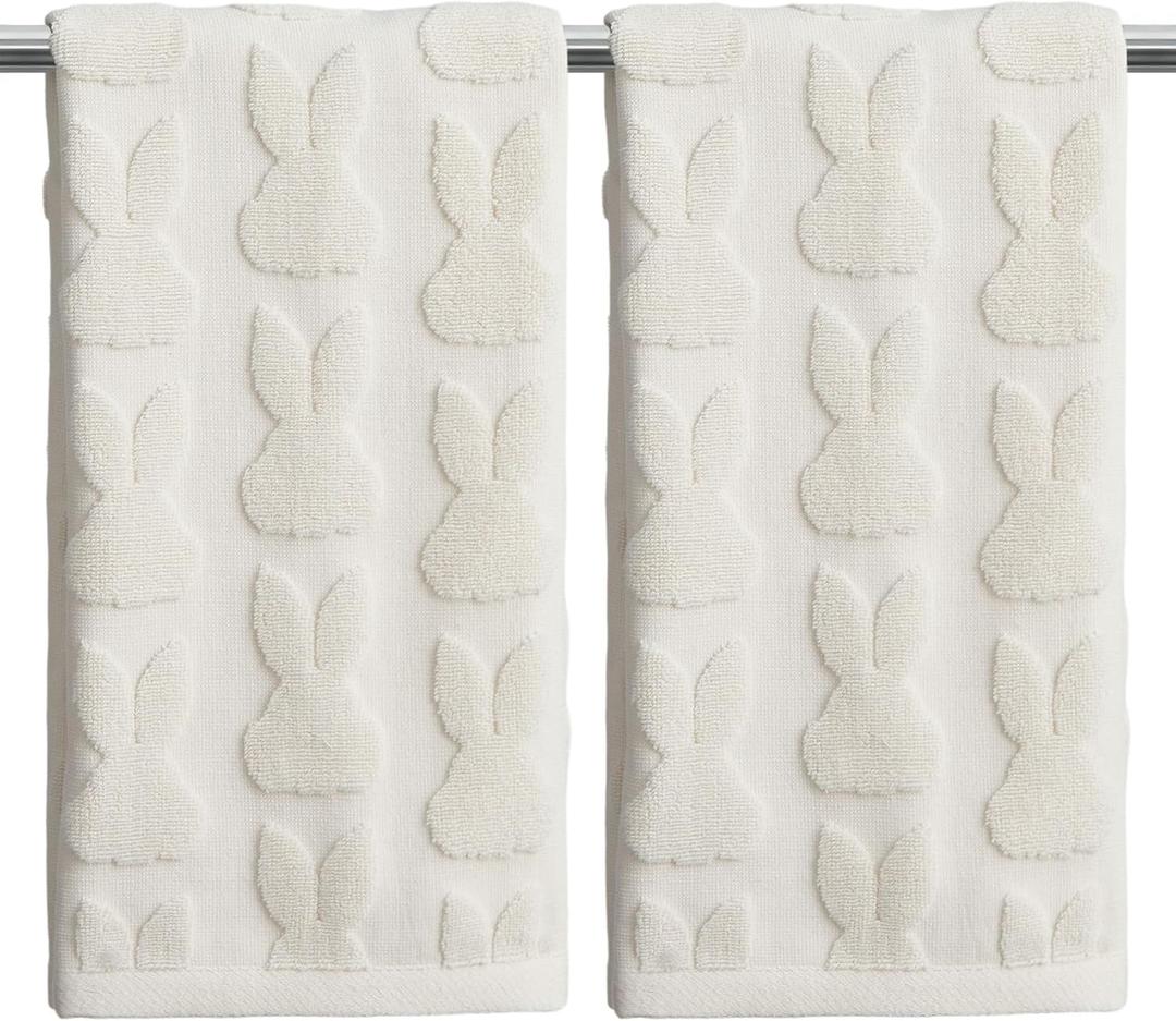 2 Pack Easter Hand Towels White Rabbit Cotton Bathroom Towel Decorative Absorbent Bath Towel for Drying Cleaning Cooking, 29.5 x 13.7 Inch MJ002B