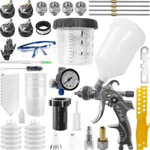 HVLP Paint Spray Gun Kit with 1.4/1.7/2.0/2.5mm 4 Nozzles & Air Compressor Regulator, 10Pcs 650ML Disposable Paint Cups, Gravity Feed Air Paint Gun for Painting Cars, Furniture & DIY (Black)