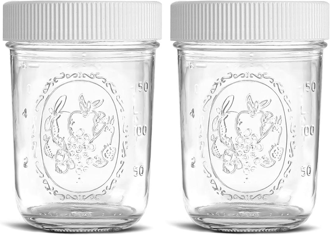 Regular Mouth Mason Jars 8 oz - (2 Pack) - Regular Mouth Half Pint 8-Ounces Mason Jars with White M.E.M Food Storage Plastic Lids - For Storage, Freezing - Leak Proof, Microwave & Diswasher Safe