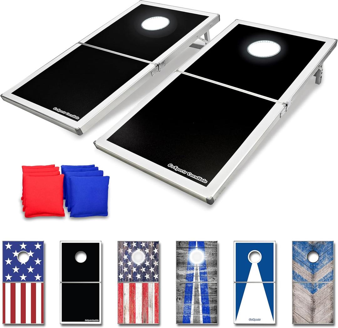 GoSports 4 x 2 ft Aluminum Cornhole Game Sets  Choose LED Lights or Standard - Set Includes 2 Foldable Regulation Size Boards, 8 Bean Bags, & Rules