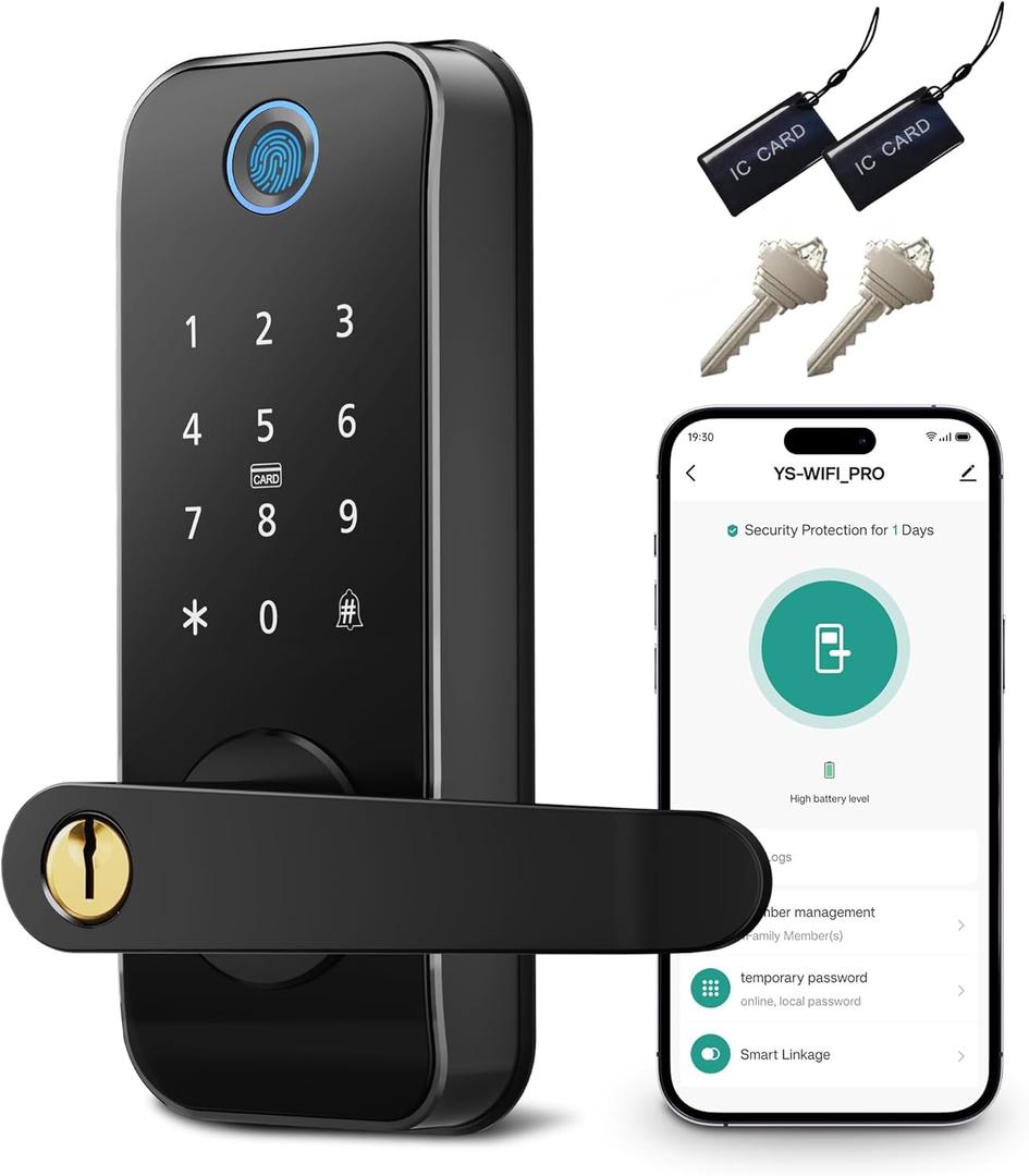 Keyless Entry Fingerprint Smart Door Lock with Handle,Digital Electronic Lock with Touchscreen Keypad,Electric Door Knob for Exterior Interior Entry/Bedroom Front Doors,Built-in WiFi
