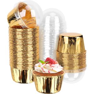 EUSOAR Gold Cupcake Cups with Lids,3.5 oz 50pcs Disposable Aluminum Foil Muffin Liners, Oven-safe Mini Baking Cups, Muffin Cups Ramekin Containers Holder for Wedding Birthday Party Picnic