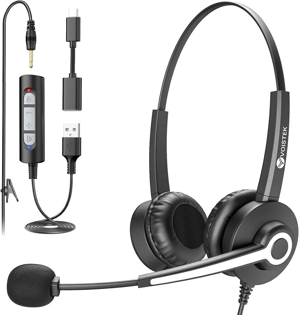 Voistek USB Headset with Microphone for PC, Computer Headset with Noise Cancelling Mic, Mute & Volume Control, Wired Headset for Work, Zoom, Teams, Online Meetings, Home Office