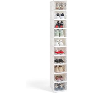Foldable Shoe Rack Storage Organizer, Tall Narrow Shoe Shelf for Closet Entryway, Free Standing Cabinet with Clear Door, Plastic Space Saving Corner Shoe Stand, White (White, 10-Tier)