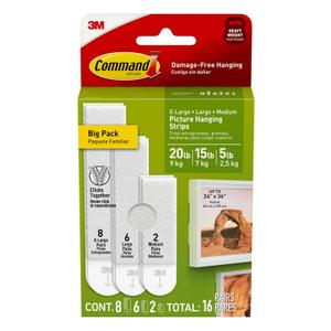 Command 20, 15, & 5 lb X-Large, Large, and Medium 16 Pairs Picture Hanging Strips (32 Strips), Damage-Free Hangers for Picture Frames, No Tools Required, Great for Home Room Wall Decor, White Adhesive