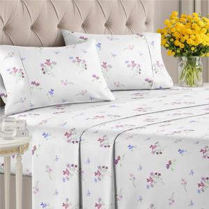 Butterfly Floral Sheets 4 Piece King Set  1 Flat & 1 Fitted Sheet & 2 Pillowcases w/ Deep Pockets  Wrinkle & Fade Free Boho Botanical Flower Bed Set - Comfy, Ultra-Soft, Breathable & Cooling - Posy