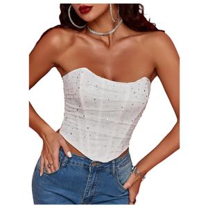 MakeMeChic Women's Sequin Strapless Corset Top Shapewear Sparkly Bustier Ruched Lace Up Party Crop Y2K Tops Burgundy, Large